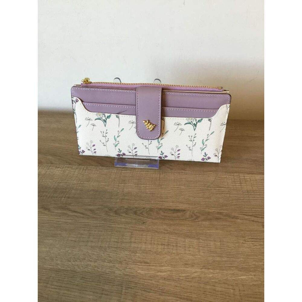 Purple and Cream Floral Patterned Zip Top Wallet with Snap Closure NWOT